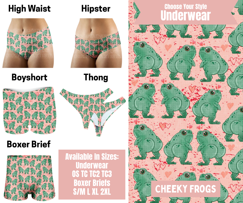 Preorder! Closes 5/6. ETA Aug. Cheeky Frogs Hipster, High Waist, Boyshort, & Thong Underwear & Boxer Briefs