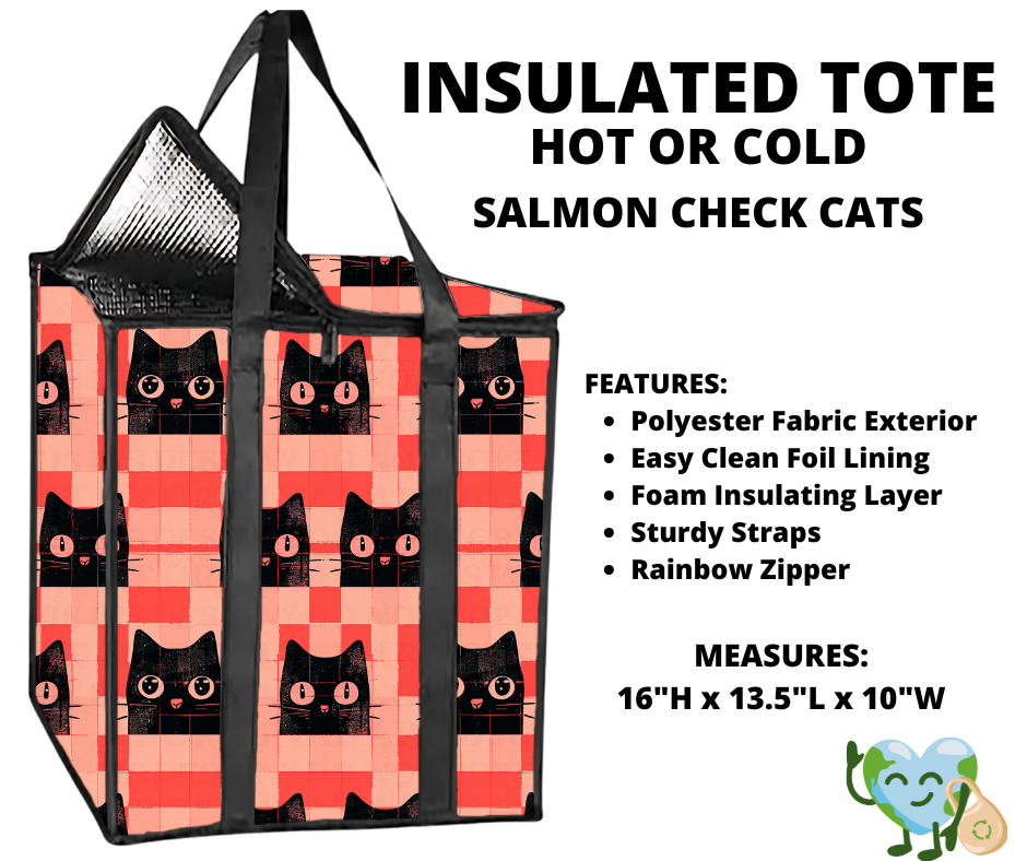 Salmon Check Cats Insulated Tote