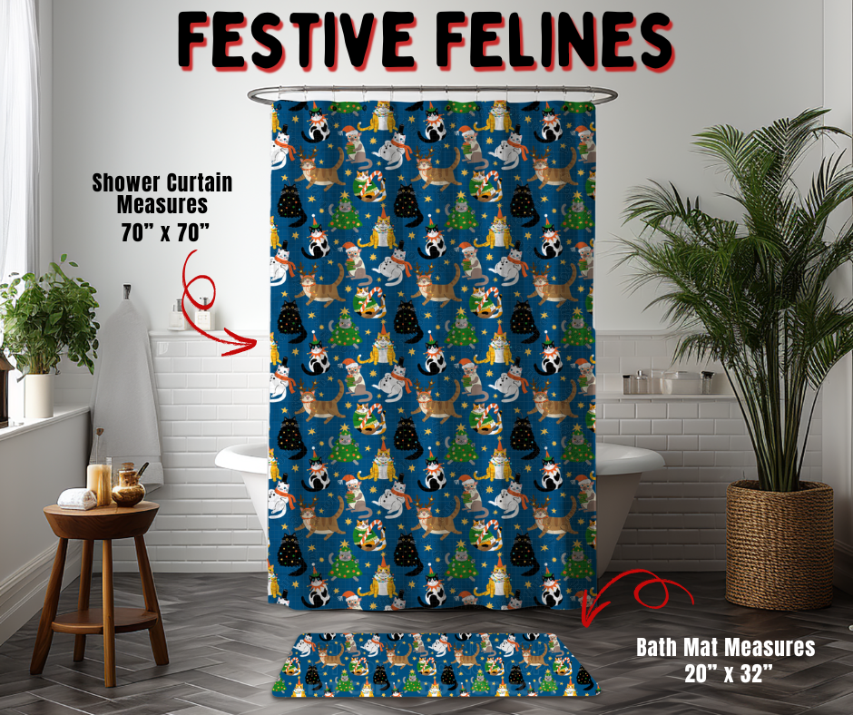 Preorder! Closes 9/2. ETA Dec. Festive Felines Custom Shower Curtain and/or Bath Mat