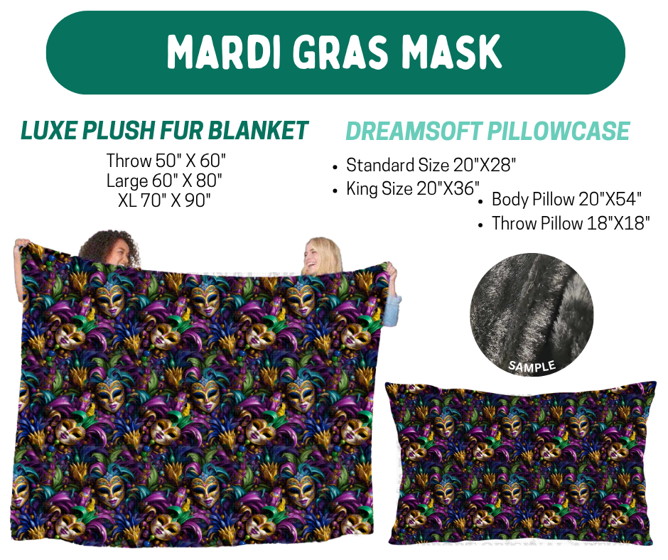 Preorder! Closes 10/12. ETA Jan. Mardi Gras Mask Luxe Plush Fur Blanket and/or DreamSoft Pillowcase