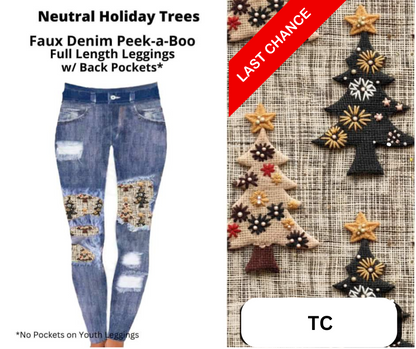 Neutral Holiday Trees Faux Denim Full Length Peekaboo Leggings