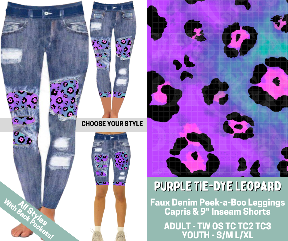 Preorder! Closes 5/20. ETA Aug. Purple Tie-Dye Leopard Combo Faux Denim Peekaboo Legging Lengths