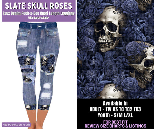 Preorder! Closes 12/18. ETA March. Slate Skull Roses Capri Faux Denim Peekaboo