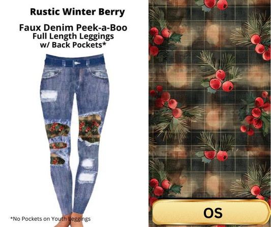 Rustic Winter Berry Faux Denim Full Length Peekaboo Leggings