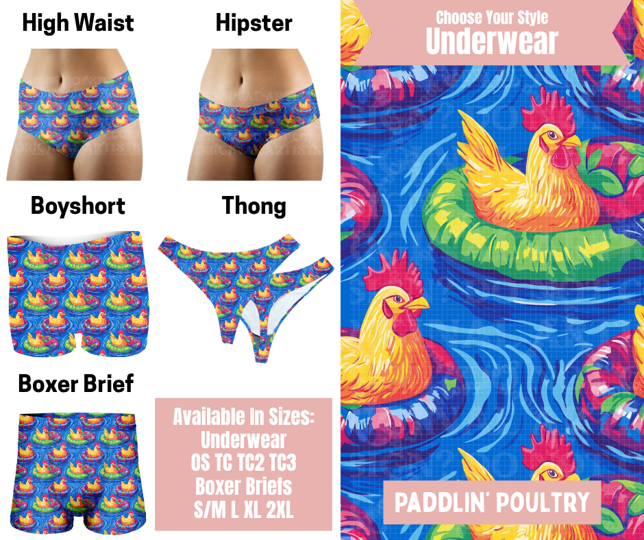Preorder! Closes 5/6. ETA Aug. Paddlin' Poultry Hipster, High Waist, Boyshort, & Thong Underwear & Boxer Briefs