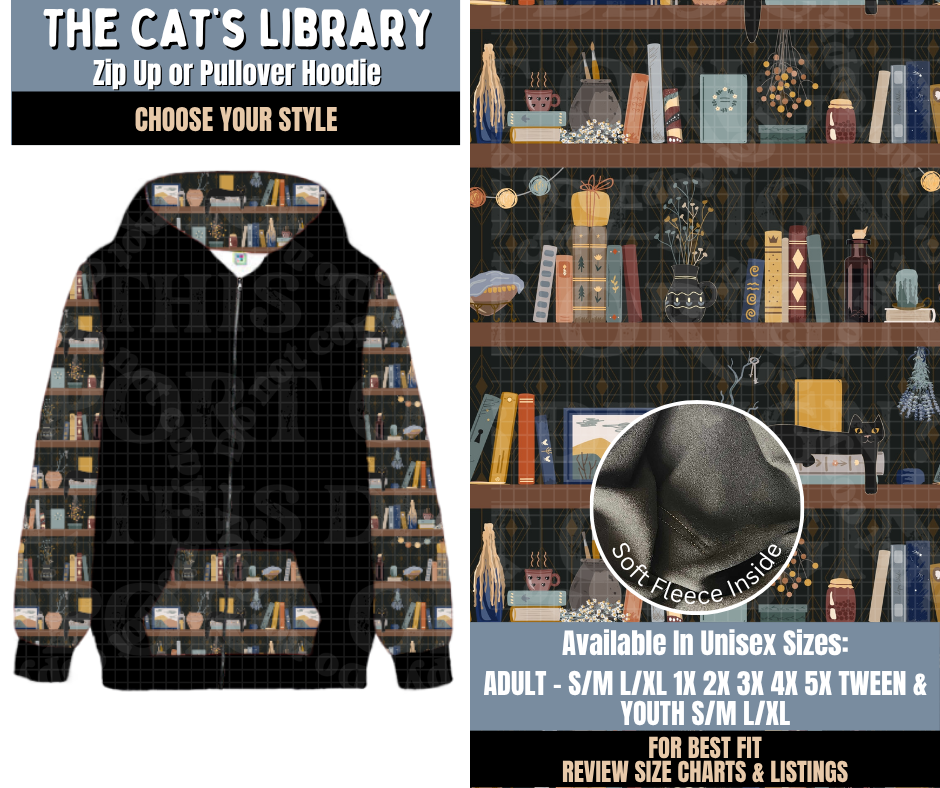 Preorder! Closes 9/24. ETA Dec. The Cat's Library Zip-Up or Pullover Hoodie
