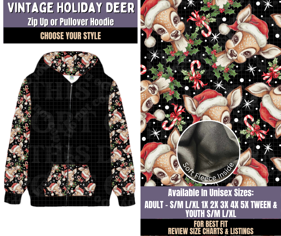 Preorder! Closes 9/3. ETA Dec. Vintage Holiday Deer Zip-Up or Pullover Hoodie