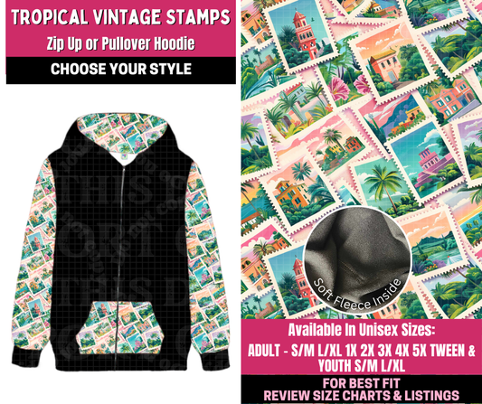 Preorder! Closes 12/31. ETA March. Tropical Vintage Stamps Full Length Zip-Up or Pullover Hoodie