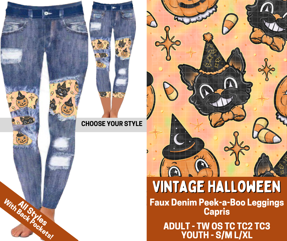 Preorder! Closes 7/13. ETA Oct. Vintage Halloween Combo Faux Denim Peekaboo Legging Lengths