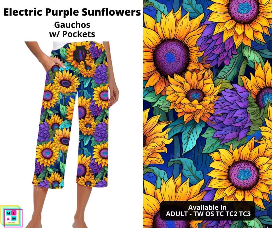 Electric Purple Sunflowers Capri Gauchos