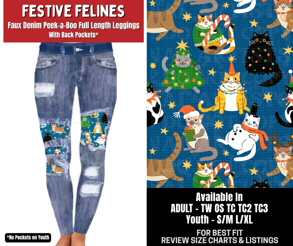 Preorder! Closes 8/31. ETA Dec. Festive Felines Full Length Faux Denim Peekaboo