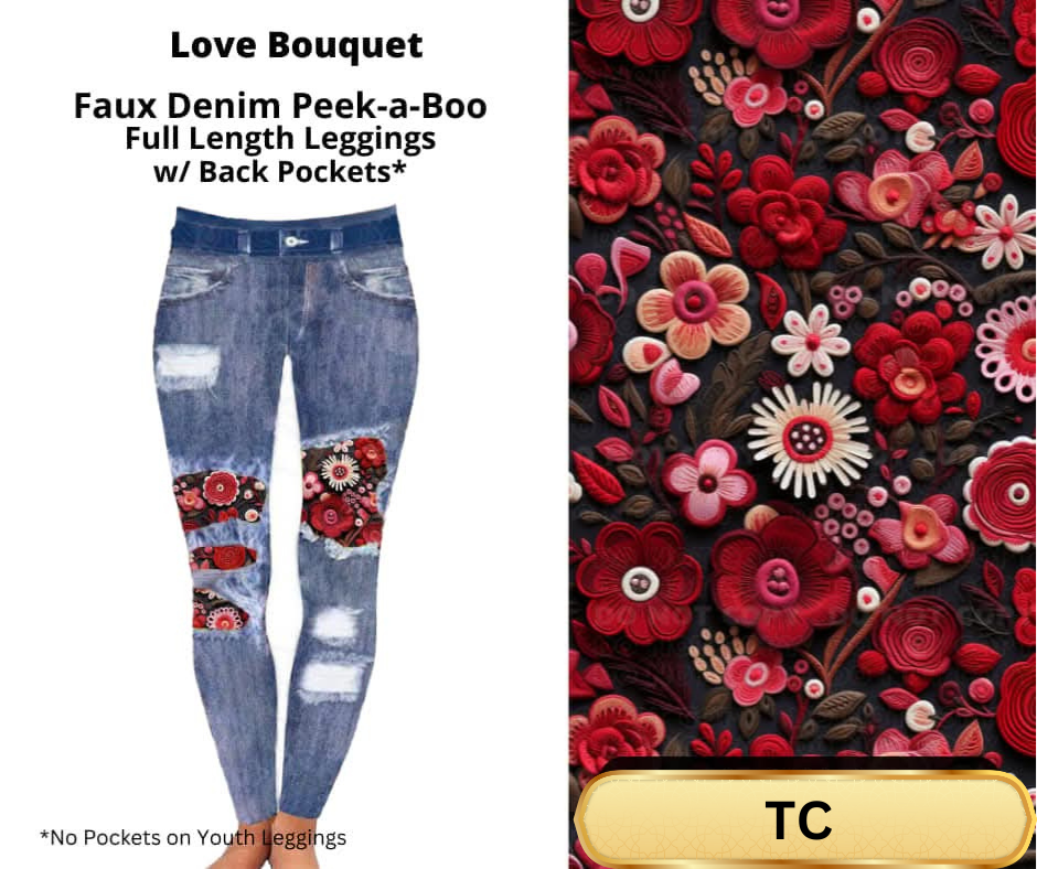 Love Bouquet Faux Denim Full Length Peekaboo Leggings