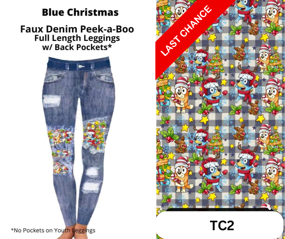 Blue Christmas Faux Denim Full Length Peekaboo Leggings