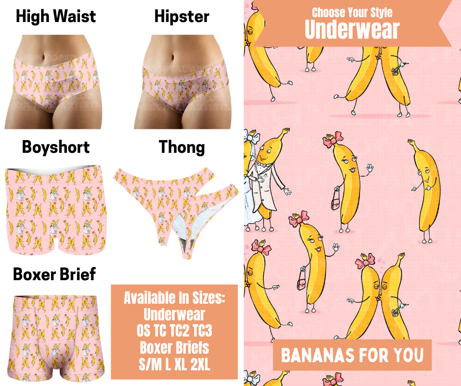 Preorder! Closes 11/5. ETA Feb. Bananas For You Hipster, High Waist, Boyshort, & Thong Underwear & Boxer Briefs