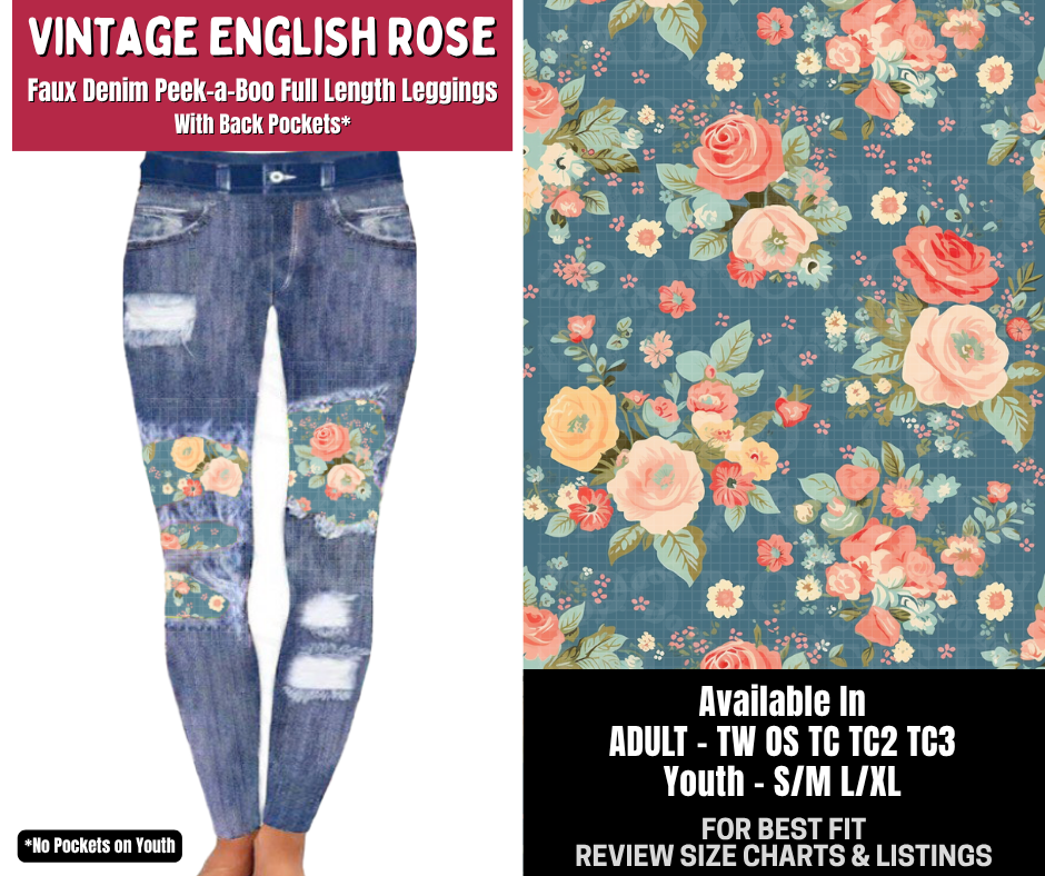 Preorder! Closes 10/14. ETA Jan. Vintage English Rose Full Length Faux Denim Peekaboo