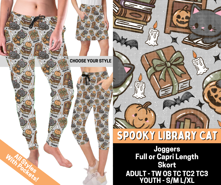 Preorder! Closes 7/1. ETA Oct. Spooky Library Cat Combo Jogger Lengths & Skort