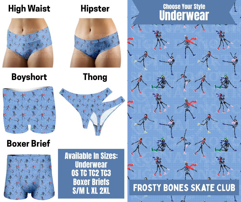 Preorder! Closes 8/26. ETA Nov. Frosty Bones Skate Club Hipster, High Waist, Boyshort, & Thong Underwear & Boxer Briefs