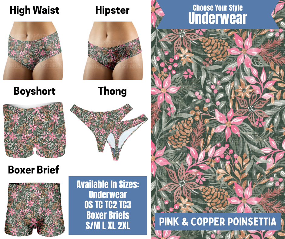 Preorder! Closes 8/26. ETA Nov. Pink & Copper Poinsettia Hipster, High Waist, Boyshort, & Thong Underwear & Boxer Briefs