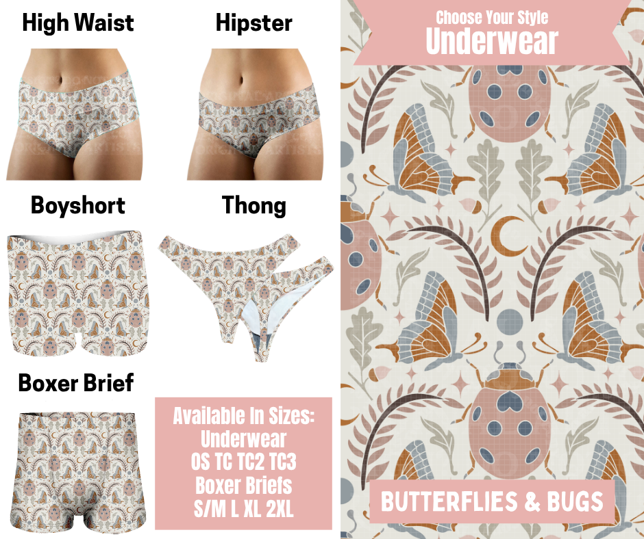 Preorder! Closes 5/6. ETA Aug. Butterflies & Bugs Hipster, High Waist, Boyshort, & Thong Underwear & Boxer Briefs
