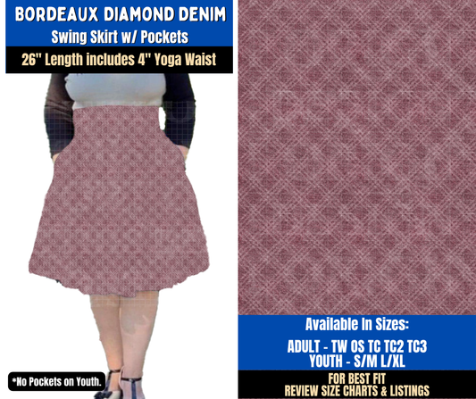 Preorder! Closes 9/16. ETA Dec. Bordeaux Diamond Denim Swing Skirt