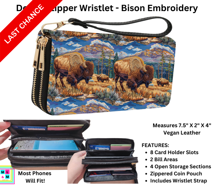 Bison Embroidery Friends Double Zipper Wristlet