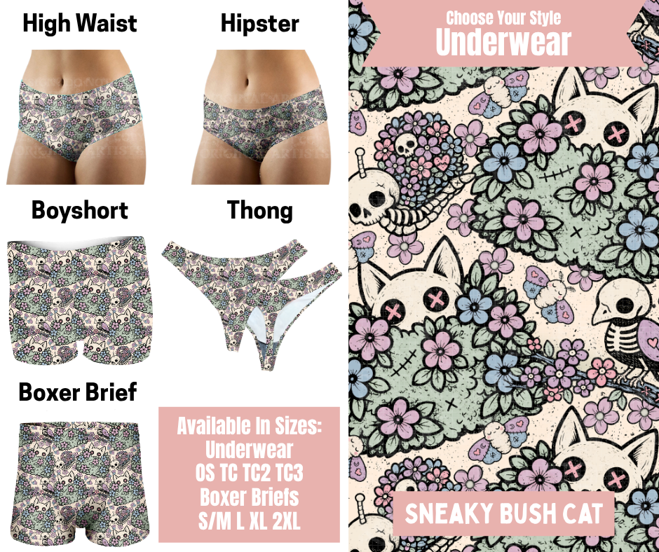 Preorder! Closes 5/6. ETA Aug. Sneaky Bush Cat Hipster, High Waist, Boyshort, & Thong Underwear & Boxer Briefs