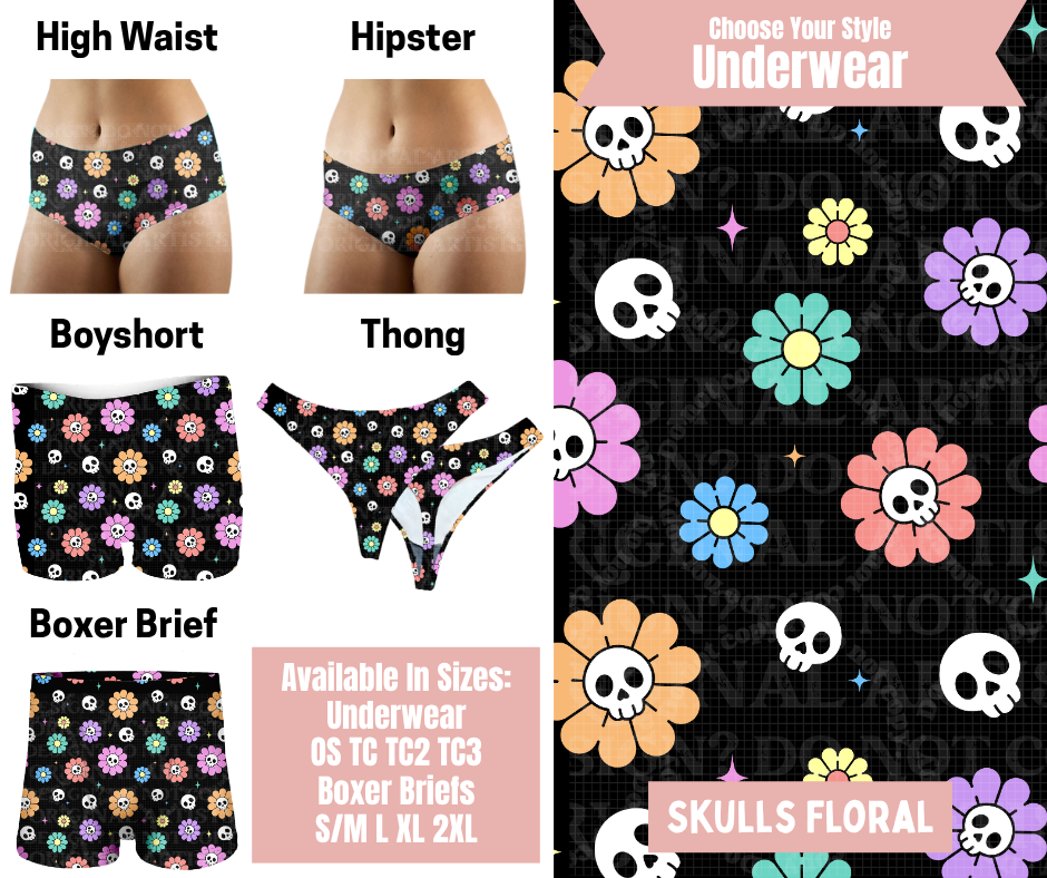 Preorder! Closes 5/6. ETA Aug. Skulls Floral Hipster, High Waist, Boyshort, & Thong Underwear & Boxer Briefs