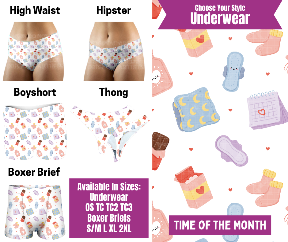 Preorder! Closes 6/24. ETA Sept. Time Of The Month Hipster, High Waist, Boyshort, & Thong Underwear & Boxer Briefs