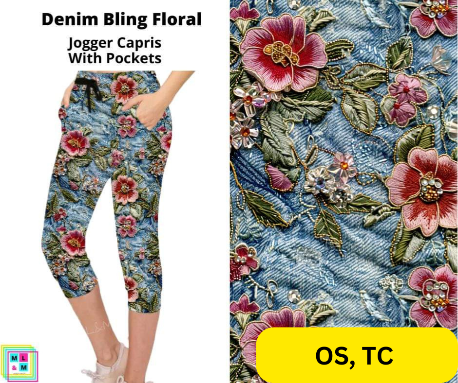 Denim Bling Floral Jogger Capri