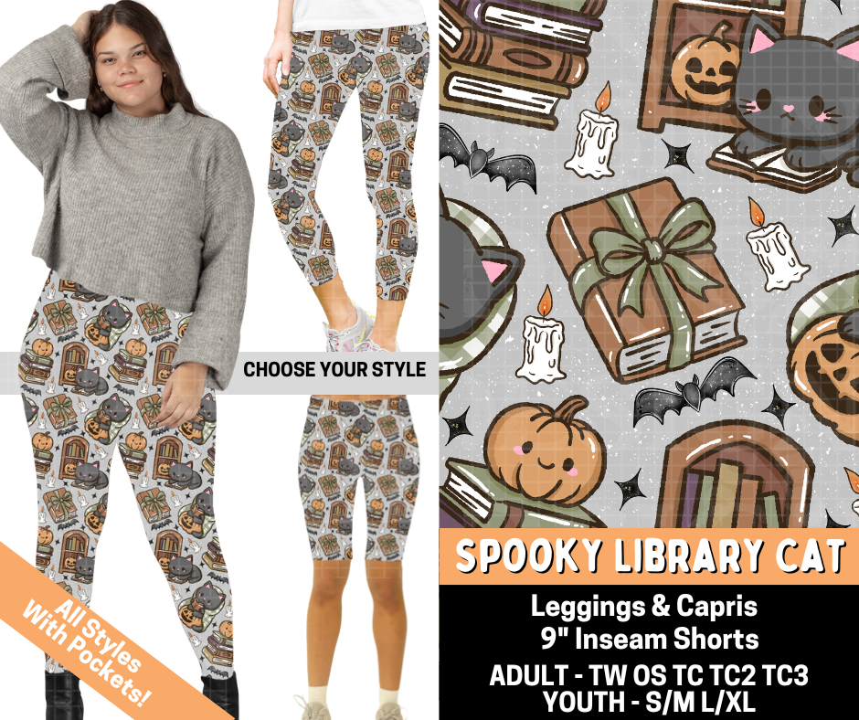 Preorder! Closes 7/1. ETA Oct. Spooky Library Cat Combo Legging Lengths