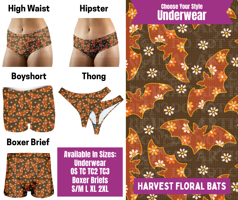 Preorder! Closes 6/24. ETA Sept. Harvest Floral Bats Hipster, High Waist, Boyshort, & Thong Underwear & Boxer Briefs