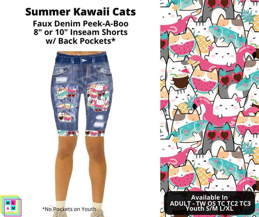 Summer Kawaii Cats Faux Denim Shorts w/ Back Pockets