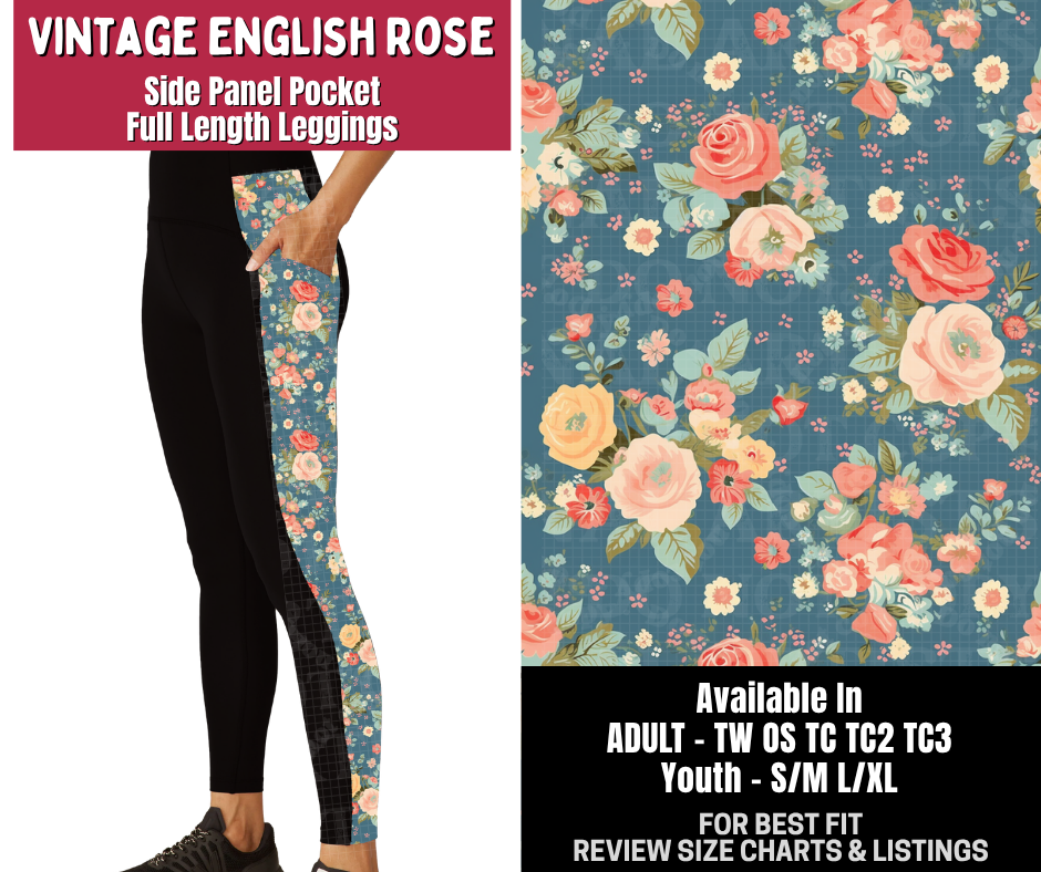 Preorder! Closes 10/14. ETA Jan. Vintage English Rose Side Panel Pocket Full Length Leggings