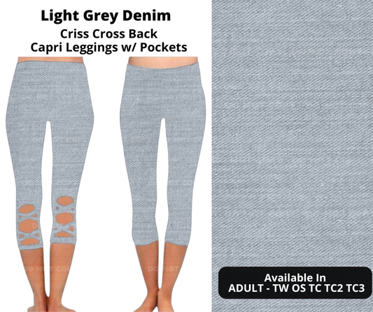 Preorder! Closes 1/29. ETA April. Light Grey Denim Criss Cross Capri w/ Pockets