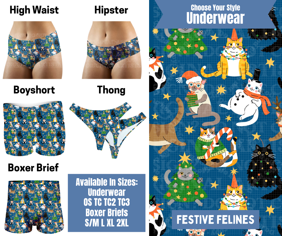 Preorder! Closes 8/26. ETA Nov. Festive Felines Hipster, High Waist, Boyshort, & Thong Underwear & Boxer Briefs