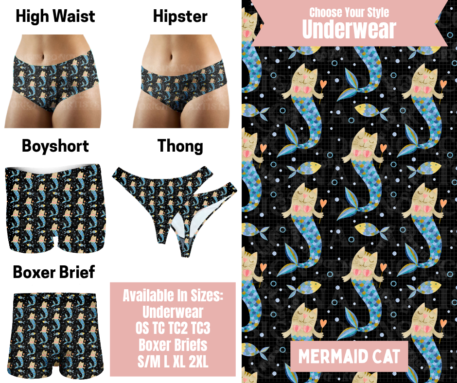Preorder! Closes 5/6. ETA Aug. Mermaid Cat Hipster, High Waist, Boyshort, & Thong Underwear & Boxer Briefs