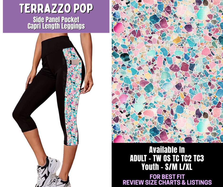 Preorder! Closes 12/18. ETA March. Terrazzo Pop Side Panel Pocket Capri Length Leggings