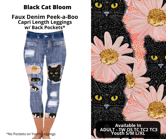 Preorder! Closes 12/23. ETA March. Black Cat Bloom Capri Faux Denim Peekaboo