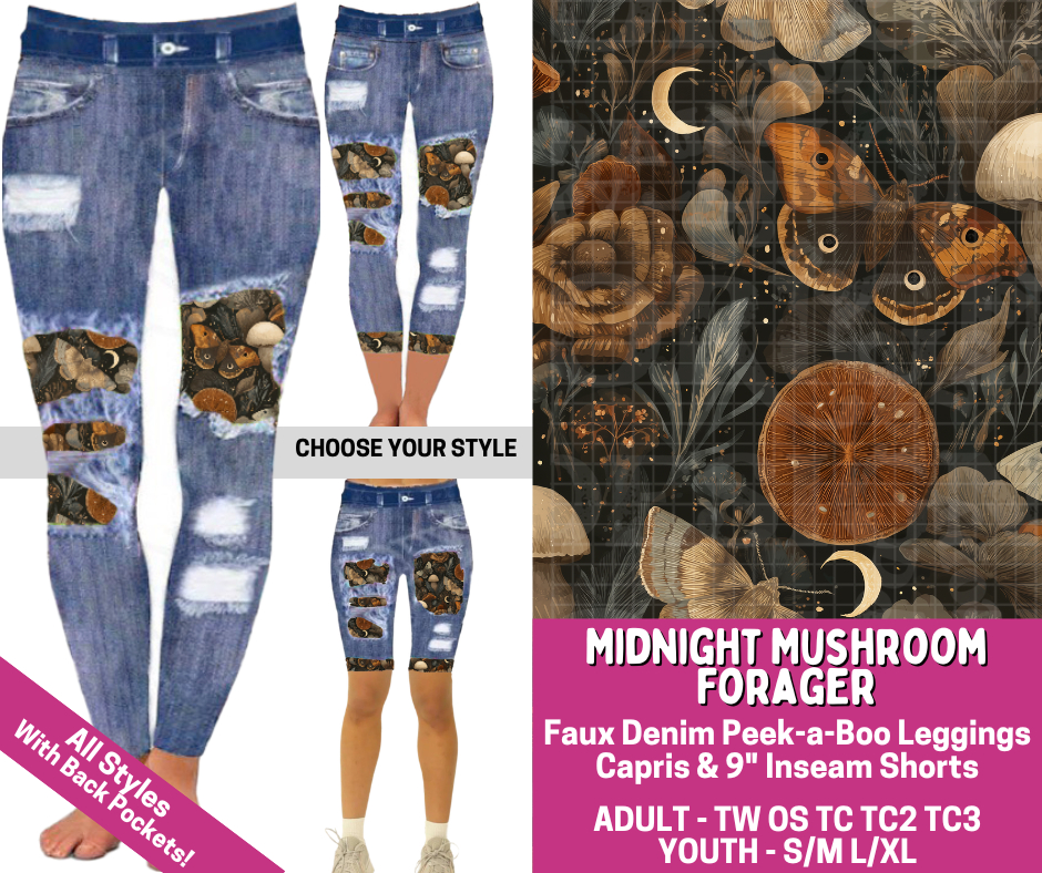 Preorder! Closes 6/18. ETA Sept. Midnight Mushroom Forager Combo Faux Denim Peekaboo Legging Lengths