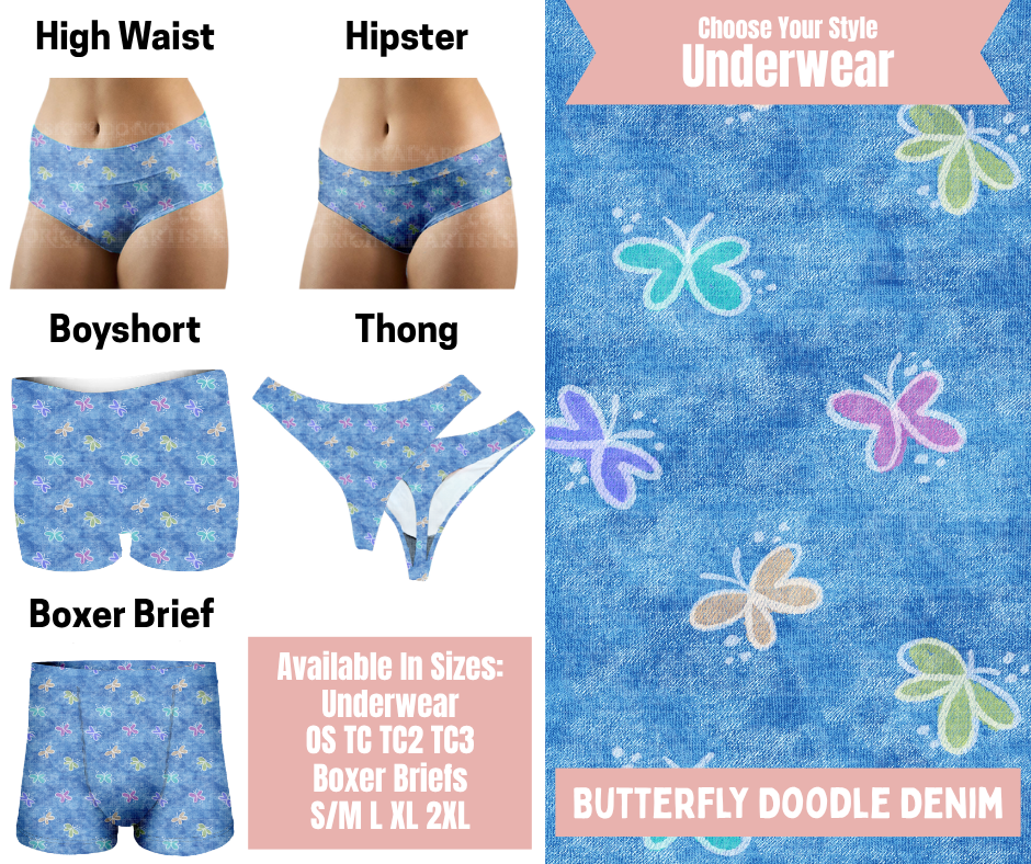 Preorder! Closes 5/6. ETA Aug. Butterfly Doodle Denim Hipster, High Waist, Boyshort, & Thong Underwear & Boxer Briefs