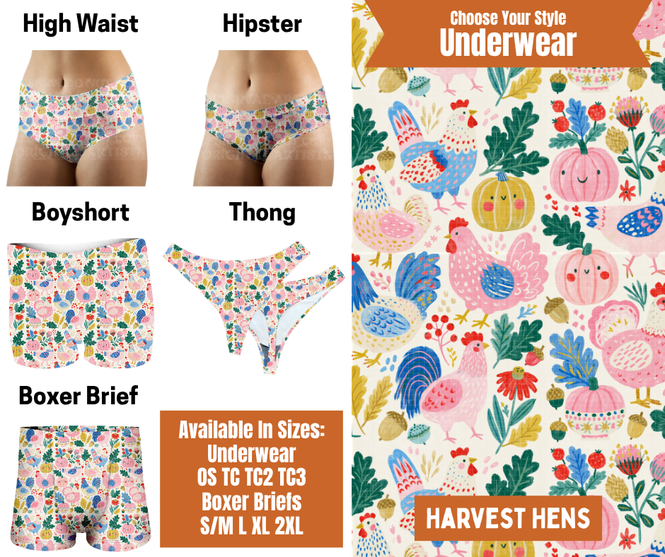 Preorder! Closes 7/30. ETA Oct. Harvest Hens Hipster, High Waist, Boyshort, & Thong Underwear & Boxer Briefs