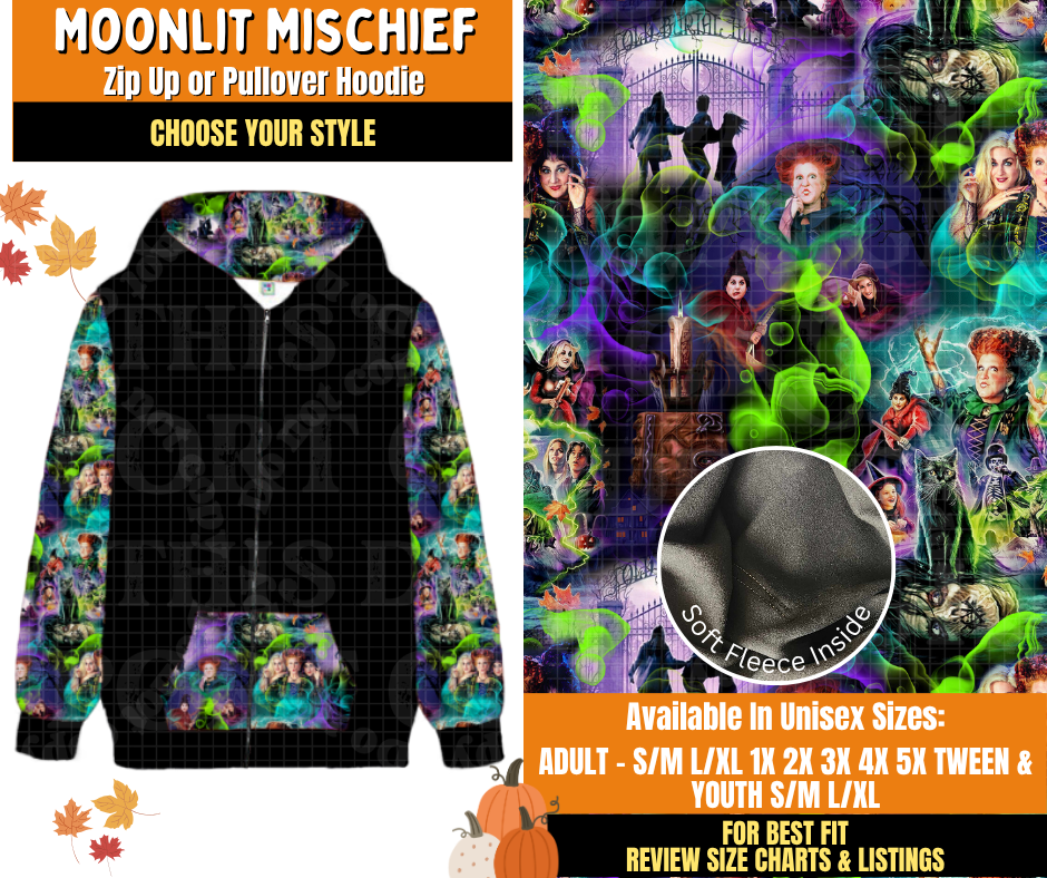 Preorder! Closes 7/16. ETA Oct. Moonlit Mischief Zip-Up or Pullover Hoodie