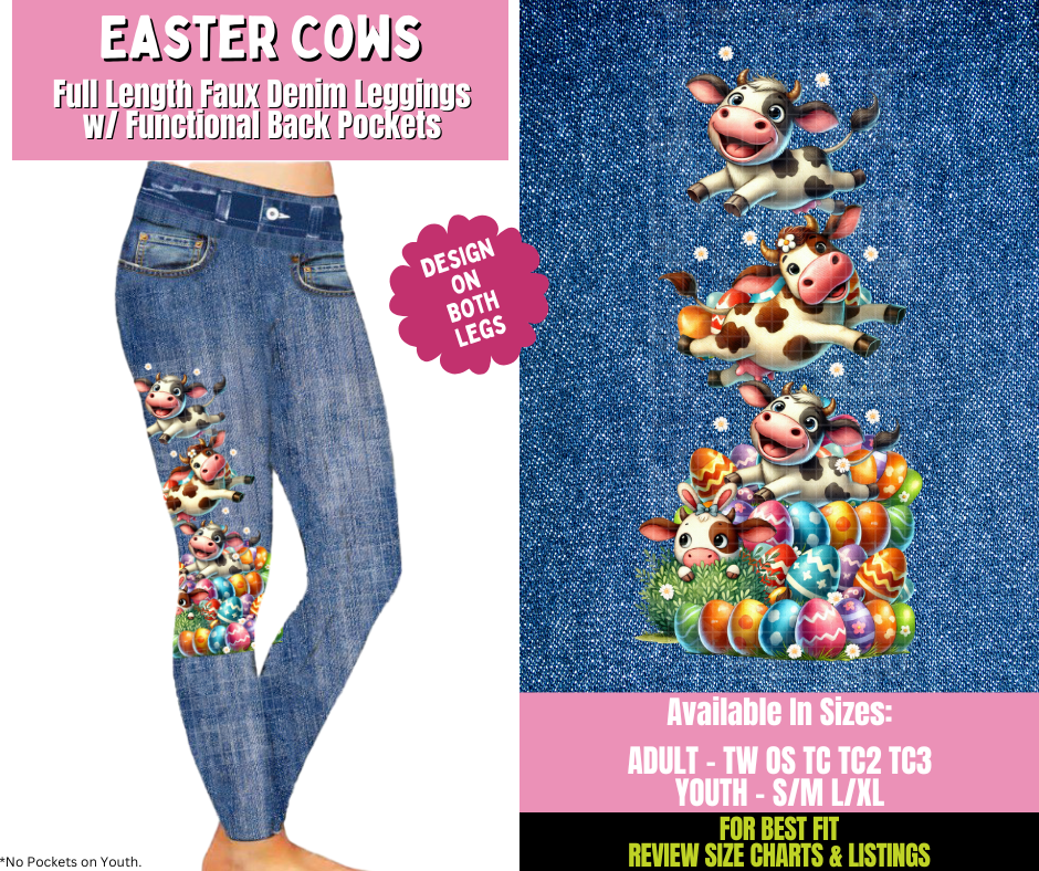 Preorder! Closes 1/21. ETA April. Easter Cows Full Length Faux Denim w/ Side Leg Designs