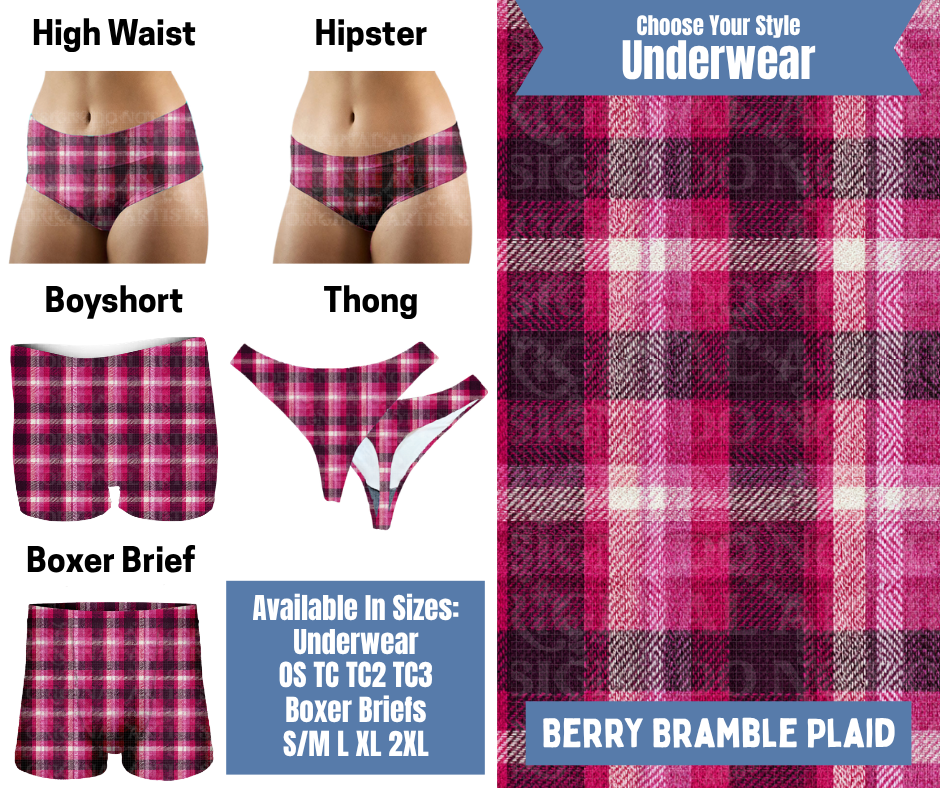 Preorder! Closes 8/26. ETA Nov. Berry Bramble Plaid Hipster, High Waist, Boyshort, & Thong Underwear & Boxer Briefs