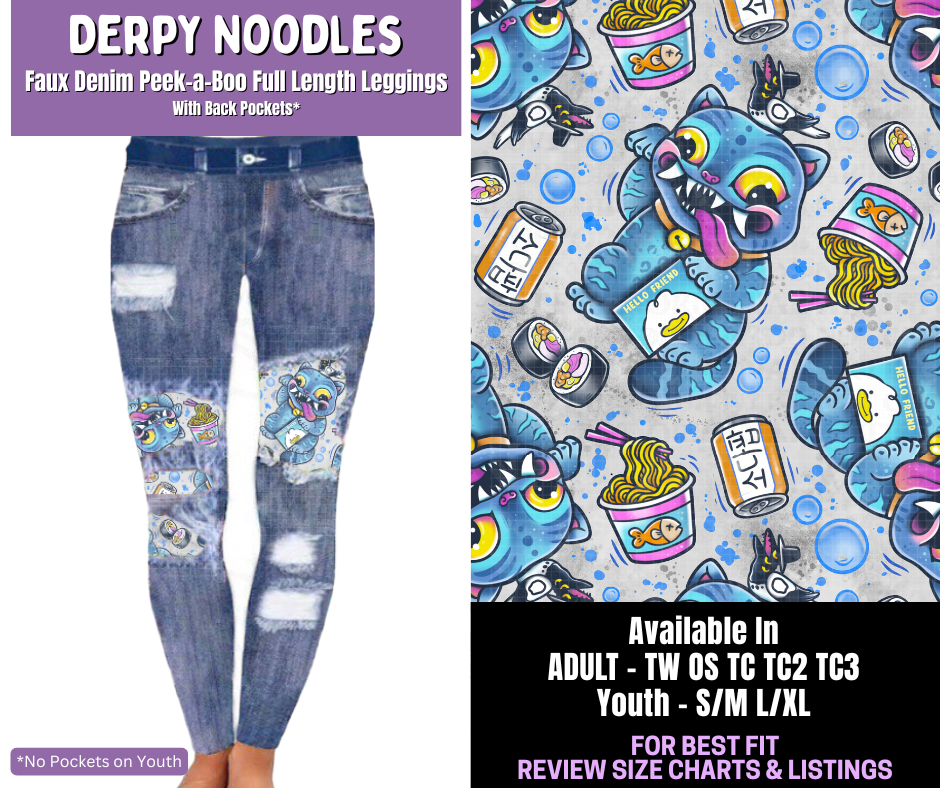 Preorder! Closes 12/18. ETA March. Derpy Noodles Full Length Faux Denim Peekaboo