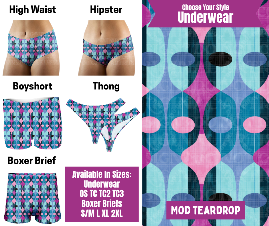 Preorder! Closes 6/24. ETA Sept. Mod Teardrop Hipster, High Waist, Boyshort, & Thong Underwear & Boxer Briefs
