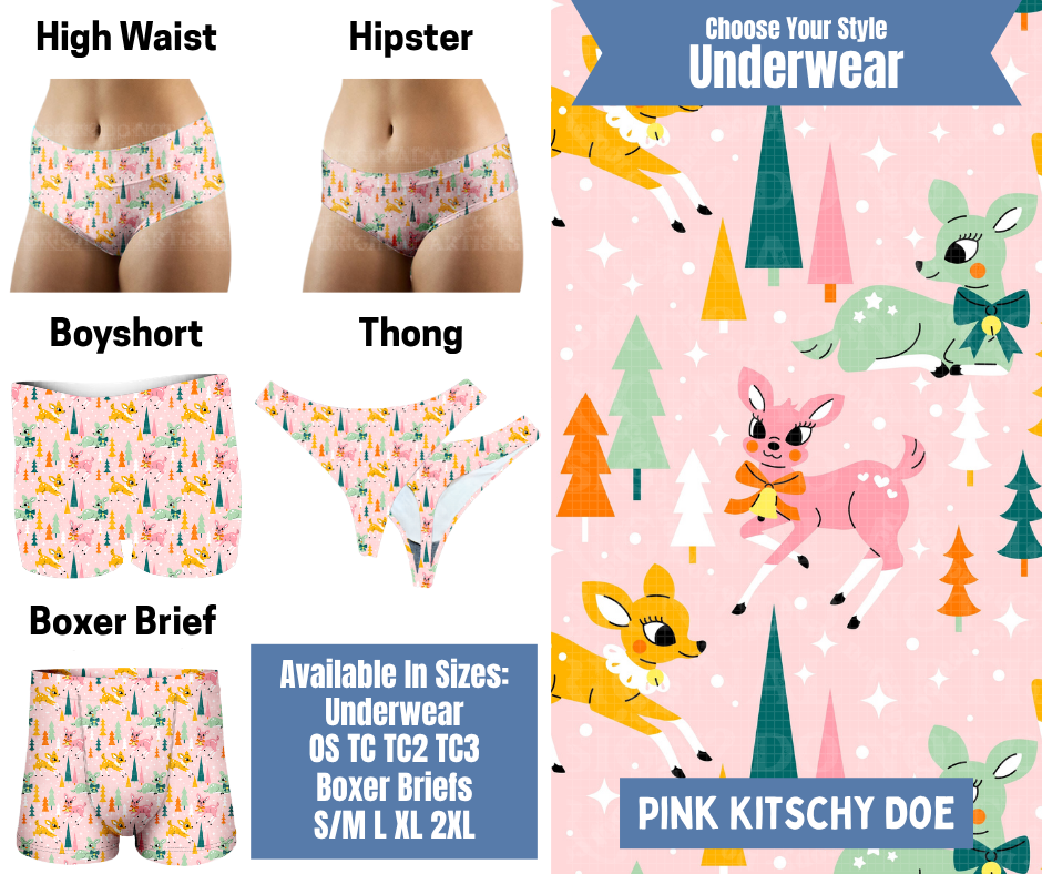 Preorder! Closes 8/26. ETA Nov. Pink Kitschy Doe Hipster, High Waist, Boyshort, & Thong Underwear & Boxer Briefs
