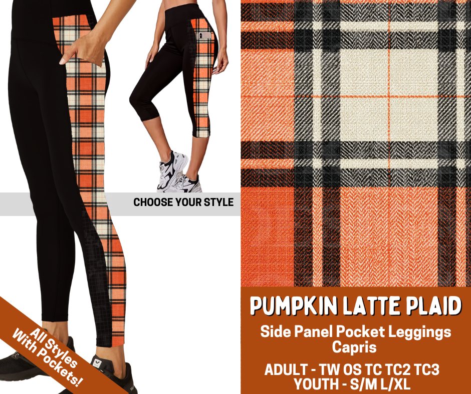 Preorder! Closes 7/13. ETA Oct. Pumpkin Latte Plaid Combo Side Panel Legging Lengths