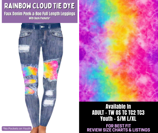 Preorder! Closes 12/18. ETA March. Rainbow Cloud Tie Dye Full Length Faux Denim Peekaboo