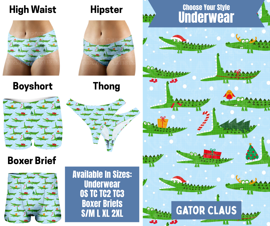 Preorder! Closes 8/26. ETA Nov. Gator Claus Hipster, High Waist, Boyshort, & Thong Underwear & Boxer Briefs